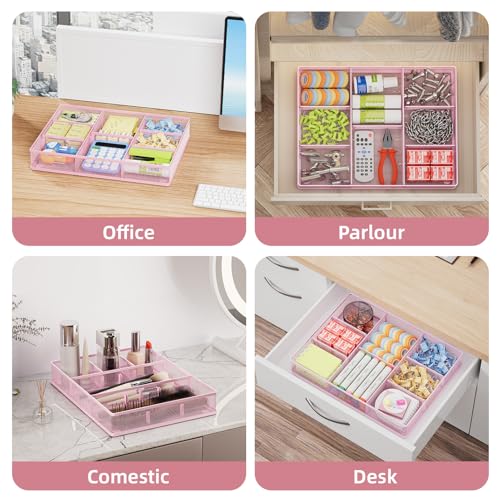 Marbrasse 2P Pink Desk Drawer Organizer, Metal Mesh Drawer Organizer Tray with 5 Adjustable Compartments,Desk Organizers and Accessories for Home,Office,Kitchen,Makeup,Vanity (Pink) - color: 2Pack Pink
