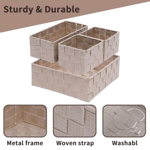 Storage Bins Woven Organizer Set of 4 – Polypropylene Storage Baskets with Metal Frame, Stackable Fabric Boxes for Drawers, Closet, Shelf, Nursery and Office, Beige - color: Beige, size: 4PCS-without lid