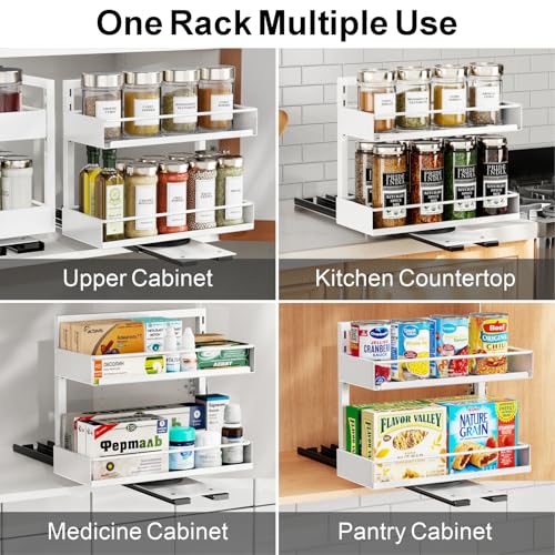 iSPECLE 2 Pack Pull Out Spice Rack - Rotate Peel and Stick No-Drill Vertical Spice Rack Organizer for Cabinet Easy Access Spices, Adjust Height for 4oz to 8oz Spice Jars, Fits Small Pantry Cabinet - color: 2-Pack White