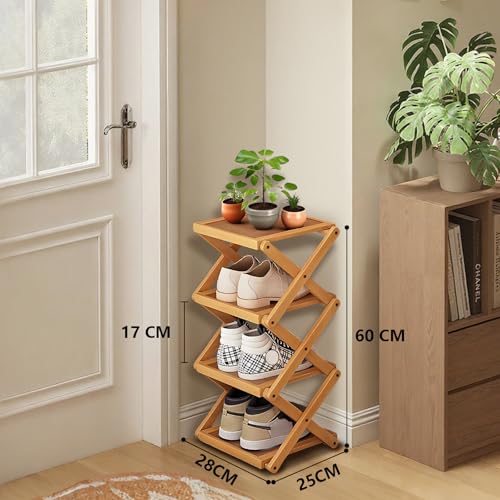 YYW Shoe Rack, Foldable Bamboo Shoes Shelf, Freestanding Shoe Storage Organiser for Entryway, Bedroom, Closet, Hallway - Functional, Natural Shoe Rack (Original, 4 Layers) - color: Original, size: 4 layers