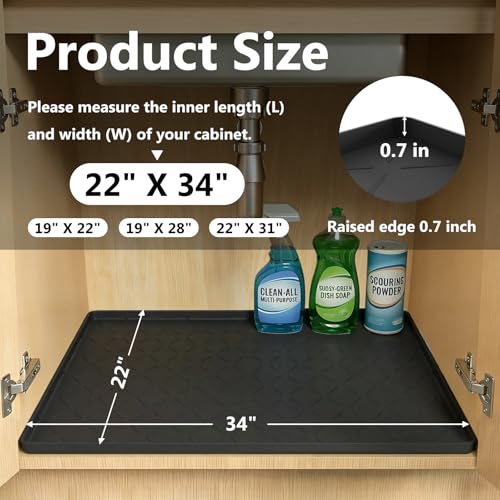 Mateeylife Under Sink Mats for Kitchen Waterproof 34"X22", Undersink Protectors，Silicone Mat Cabinet Liner, Under Sink Organizer for Bathroom and Kitchen，Boot Tray Pet Food Mat, Classic Black - color: Classic Black, size: 22''W x 34''L