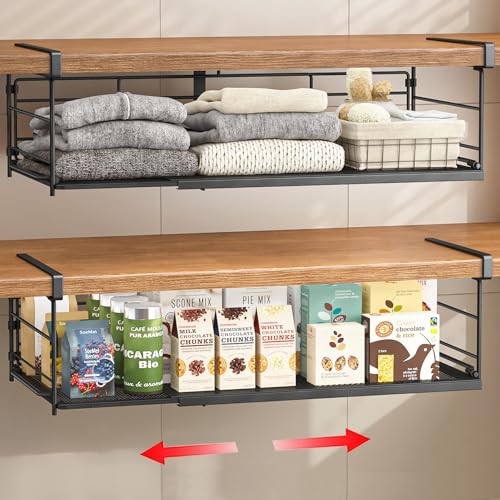 Expandable Under Cabinet Shelf, Extendable Under Shelf Storage with Removable Wire-Like Back for Pantry Cabinet, Laundry Room, Shoe Rack. (Black, 2 Pack, Interior: 5" H x 10" D) - color: Black-5"h X 10"d-0.94" Thick Clip, size: 2 Pack