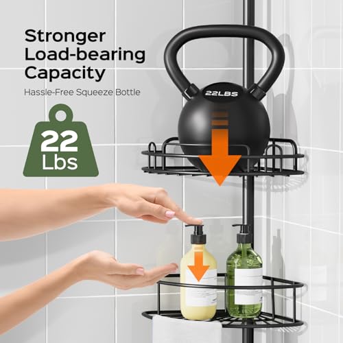 HAMITOR Shower Caddy Tension Pole: 4-Tier Rustproof Bathroom Corner Shelf Organizer for Renters - No Drill Large Shampoo Storage Rack - Adjustable 47-121 Inch - Space Saving Bathtub Accessory - Black - color: Black