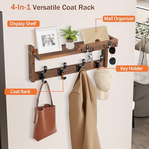 dreampossible Coat Rack Wall Mount with Shelf, Coat Hanger Wall Mount with Key Hooks and Mail Holder, Wood Entryway Floating Shelf with Hooks and Storage, Hat Rack for Wall Key Holder Mail Organizer - color: Brown, size: 16.6 Inch Long
