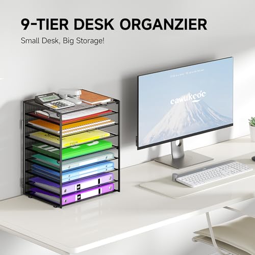 Cawukege 9 Tier Paper Organizer with Handle, Large Capacity Desk Organizer Mesh Paper Letter Tray File Folder Document Sorter for Classroom and Office Accessories Organization- Black (2 Pack) - color: 2 Pack - Black