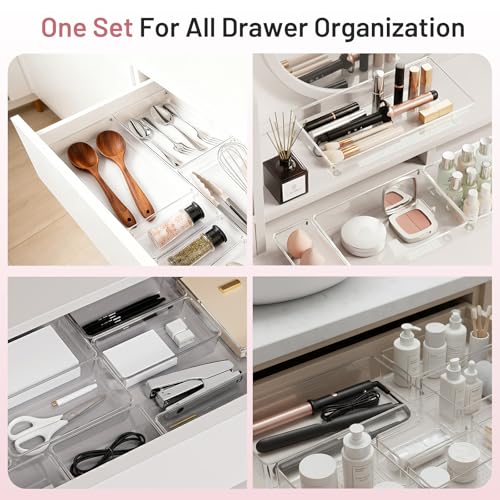 12 Pack Large Drawer Organizer Bins - Clear Plastic Bathroom Drawer Organizer Trays - Heavy Duty Kitchen Drawer Dividers for Utensils - Non-Slip Storage Bins for Makeup, Bedroom, Office Desk - size: 12 Pack