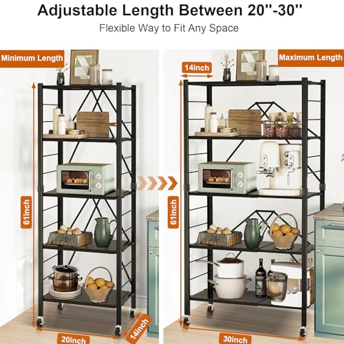 5 Tier Foldable Storage Shelves, Expandable Folding Shelving Units with Wheels, Changeable into 2 Shelf Units, Collapsible Adjustable Storage Rack Metal Shelves for Storage, Pantry, Garage, Kitchen - color: Black, size: 5-Tier
