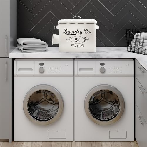AuldHome Design Farmhouse Laundry Powder Container, White Enamelware Detergent Bin w/Scoop