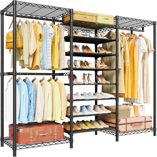 ULIFHOME E16 Heavy Duty Clothing Rack（with 7-Tier Adjustable Shoe Rack） Freestanding Clothes Rack for Hanging Clothes，Metal Closet Storage Organizer Large Wardrobe，69'' W x 15.8'' D x 76.2'' H，Black - color: Black