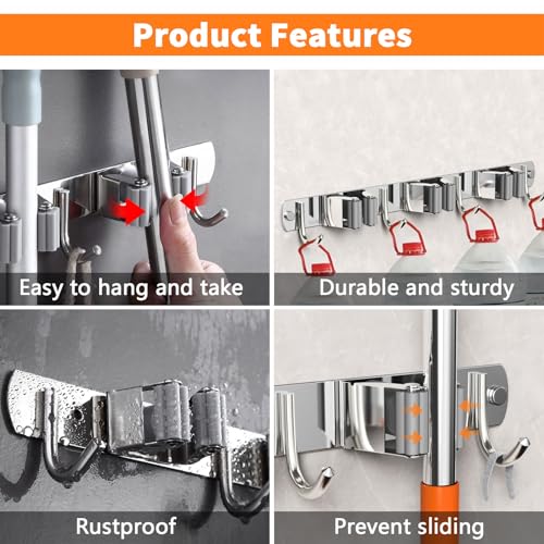 CUXIXA 2 Pack Mop and Broom Holder Wall Mount, Non-slip Broom Hanger Wall Mount, Heavy Duty Mop Broom Organizer for Kitchen Garden Garage Laundry Room Wall Decor Organization and Storage Silver 4R5H - color: Silver, size: 2Pack 4R5H