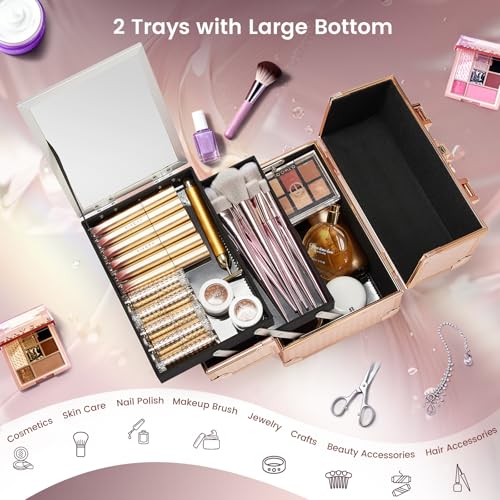 Joligrace Beauty Makeup Train Case for Lady Portable Cosmetic Box Jewelry Organizer Lockable with Keys and Mirror 2-Tier Trays Carrying with Handle Makeup Storage Box - Rose Gold - color: Rose Gold