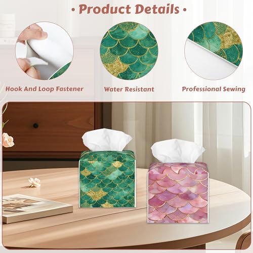2 Pcs Tissue Box Cover Square,Mermaid Scale Tissue Box Holder Leather Facial Paper Organizer Dispenser for Bathroom Kitchen Bedroom Night Stand Office Desk - color: Mermaid Scale