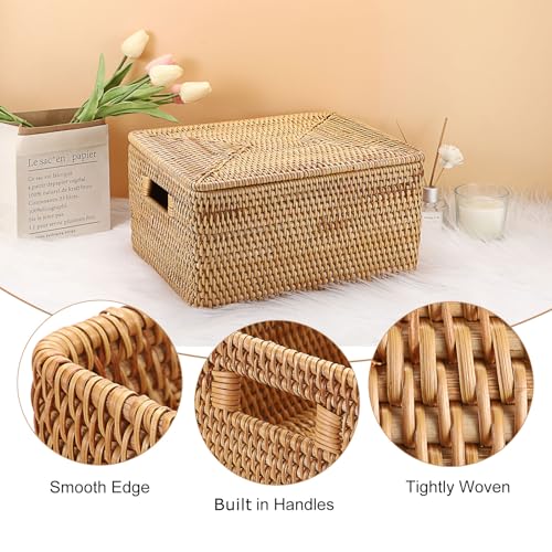 Hipiwe Wicker Storage Bins with Lid Handwoven Rattan Baskets Rectangular Decorative Shelf Baskets Bin with Handles Household Basket Boxes for Home Organizing,13.2"L x10.2"W x6.7"H - size: 13.2"L x 10.2"W x 6.7"H