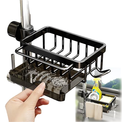 Sink Organizer Rack for Kitchen and Bathroom, 2025 New Stainless Steel Detachable Hanging Faucet Drain Rack with Drip Tray Faucet Sponge Holder for Bathroom (Black, Right) - size: Right