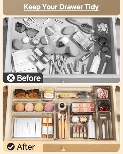 KEMETHY 25 PCS Plastic Drawer Organizers Set, 4 Sizes Vanity Organizer, Makeup and Desk Drawer Organizer Trays, Organization and Storage for Makeup, Bathroom, Kitchen Utensils and Office (Clear) - color: Clear