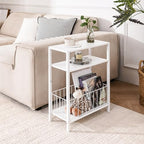 Yoobure Narrow Side Table with Storage Basket, Small End Table for Small Spaces, Skinny Side Tables Living Room Bedroom Office, Slim Nightstand 3 Tier Bedside Table Space-Saving for Magazine, White - color: White