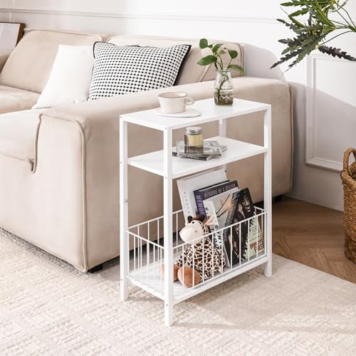 Yoobure Narrow Side Table with Storage Basket, Small End Table for Small Spaces, Skinny Side Tables Living Room Bedroom Office, Slim Nightstand 3 Tier Bedside Table Space-Saving for Magazine, White - color: White