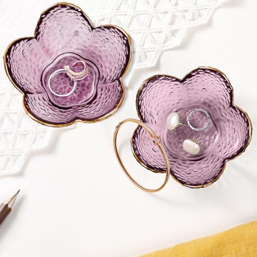 Gifts for Women Purple Flower Jewelry Dish Glass Ring Holder Decorative Jewelry Tray Cute Vanity Room Decor Aesthetic Nightstand Bathroom Decor Trinket Dish Friendship Birthday Christmas Gifts (2pcs) - color: 2 Pcs Purple-9cm