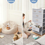 Crestlive Products Vertical Dresser Storage Tower - Sturdy Steel Frame, Wood Top, Easy Pull Fabric Bins, Wood Handles - Organizer Unit for Bedroom, Hallway, Entryway, Closets - 7 Drawers (Light Gray) - color: Light Gray, style: 7 Drawers