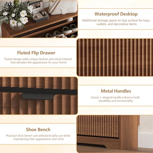Shoe Cabinet Storage for Entryway with 4 Flip Drawers, Walnut Fluted Shoe Cabinet with Adjustable Shelves, Wooden Hidden Shoe Rack Freestanding Narrow Slim Shoes Storage for Hallway, Entrance - color: Walnut, size: 4 Drawer