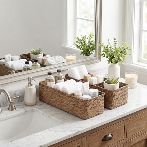 StorageWorks Toilet Paper Basket for Back of Toliet，Basket with 3 Enlarged Compartments, Seagrass Toilet Paper Storage Baskets, 16½"x 5½"x 5½", Brown, 2-Pack - color: Brown（Seagrass）, size: 16½"L x 5½"W x 5½"H