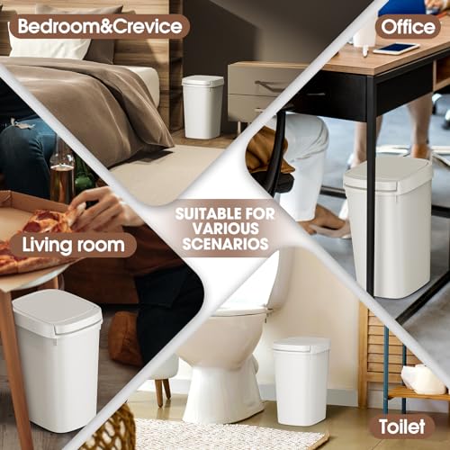 CEROELDA 3 Pack Bathroom Trash Can with Lid, 10L/2.6 Gal Small Garbage Can with Press Top Lid, Slim Plastic Waste Basket for Toilet, Office, Bedroom (White, 3 Pack) - color: 3 Pack-White