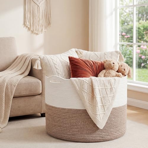 XXXXL 125L Extra Large Blanket Basket, 23.6" x 16.9" Jumbo Woven Cotton Rope Storage Basket with Handles, Laundry Hamper, Toy Storage for Living & Play Room(White & Brown) - color: White & Brown