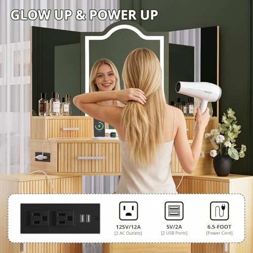 FURSUN Fluted Makeup Vanity Desk with HD 3 Way Mirror and Lights, 51" Large Corner Vanity Table with Charging Station, Dressing Table with 4 Drawers & 2 Storage Cabinets for Bedroom, Natural Oak - size: 20.0"D x 51.2"W x 56.3"H, style: Natural Oak