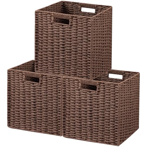 UBBCARE 3 Pack Wicker Basket, 11L×11H×10.5W inch Woven Paper Rope Storage Baskets for shelves, Foldable Cube Storage bin with Handle, Storage Basket for Organizing & Decor, Brown - color: Dark Brown, size: Cube-3pack 11"