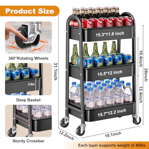 3 Tier Black Rolling Cart Metal with Wheels, Basket, Cups & Hooks, Three Tier Utility Carts on Wheels, Can Organizer for Pantry Floor, Kitchen Storage Rack, Snack Shelf Carts, Vianderos para Cocina - color: Black, size: 3 Tier+Cups+Hooks