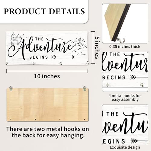 The Adventure Begins Wooden Key Holder for Wall - 5"x10" Key Organizer Hanger with 4 Hooks for Home Front Door Hallway Entryway Kitchen - Home Office Decor & Housewarming Gifts Supplies - A02 - color: The Adventure Begins