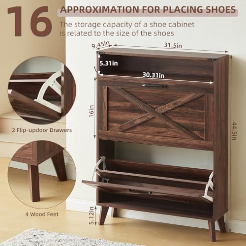 Joaxswe Shoe Cabinet Storage for Entryway with 2 Flip Drawers 2 Hook Open Storage Layer Rack Narrow Organizer Slim Hidden Wood Shoe Cabinet Furniture Walnut - color: Walnut