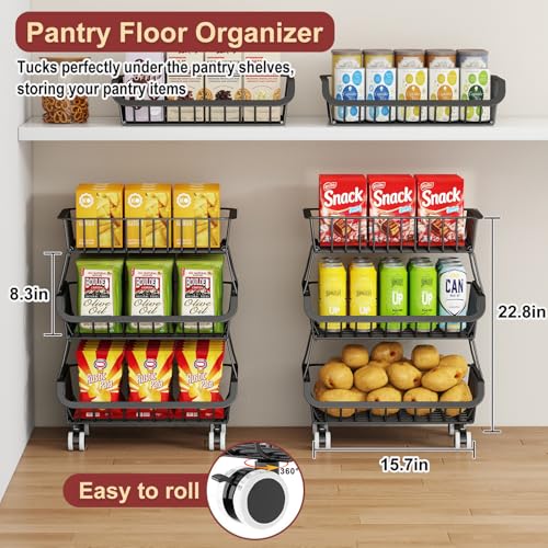 3-Tier Rolling Pantry Cart with Wheels, Stackable Wire Storage Floor Organizer for Kitchen Pantry Snack Shelves, Fruit Basket Stand, Vegetable Storage Rack for Food Snacks Onion Potato, Black, 2 Pack - color: 3 Tier-black (2 Pack)