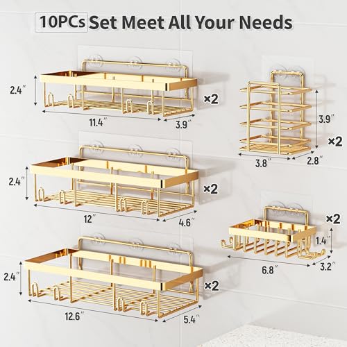 Liuoud 10 Pack Shower Caddy Organizer Rack Shelf for Inside Shower, Self Adhesive Wall Storage Basket Rustproof Stainless Steel Shampoo Holder Bathroom Accessory Decor Set, Gold - color: Gold