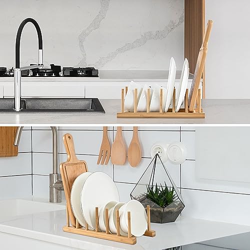 INNERNEED Bamboo Wooden Dish Rack, Vertical Plate & Lid Organizer for Kitchen Cabinet or Countertop, Drying Stand for Dishes, Cutting Boards - size: Pack of 1