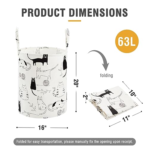 Baby Laundry Basket with Long Handles, 63L Collapsible Kids Laundry Hamper, Toy Storage Basket for Nursery, Bedroom Decor for Girls and Boys (Cartoon Cat) - color: White & Black Cat, size: 1 Pack