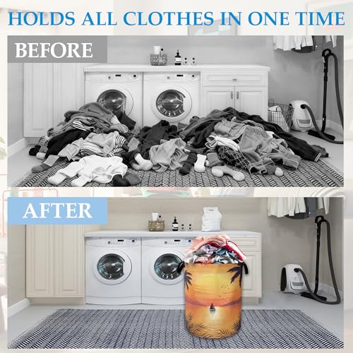 Tropical Palm Laundry Basket,Sunset Sea Beach Laundry Hamper, Collapsible Clothes Toy Storage Bin for Bathroom Bedroom Room Decor 16" X 20.8" - color: Tropical Palm