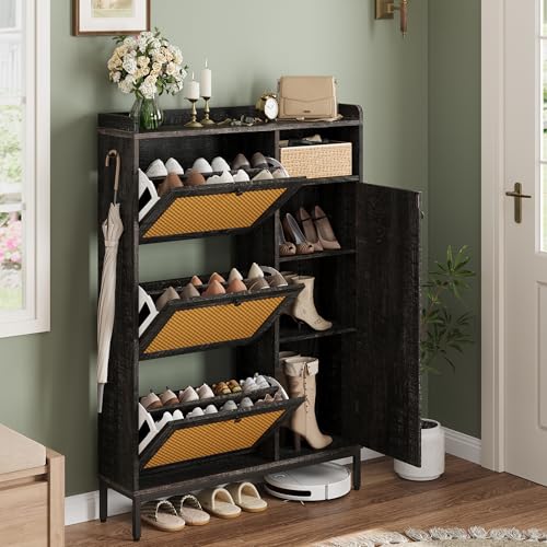 GarveeHome Shoe Cabinet Rattan with 3 Flip Drawers and 4-Tier Shoe Storage Cabinet, Freestanding Shoe Organizer with Adjustable Shelves for Entryway, Closet, Hallway - color: Dark Rustic Oak, size: 3-Drawers + 1-Door