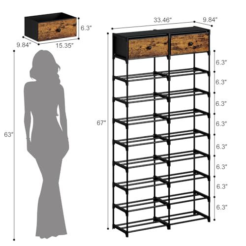 Tall Shoe Rack, 10 Tier Large Shoe Rack Organizer with 2 Drawers, Shoe Storage for 36-40 Pairs, Sturdy Metal Shoe Shelf Shoe Stand for Closet Entryway, Rustic Brown and Black - color: Rustic Brown and Black, size: 10 Tier