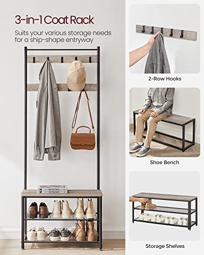 VASAGLE Coat Rack, Hall Tree with Shoe Storage Bench, Entryway Bench with Shoe Storage, 3-in-1, Steel Frame, for Entryway, 12.6 x 27.6 x 68.9 Inches, Industrial, Greige and Black UHSR41MB - color: Greige + Black, size: 27.6"W