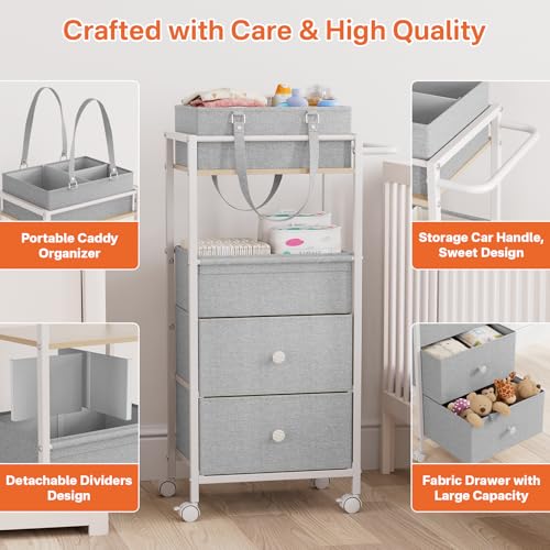 Modanais Baby Diaper Caddy Organizer Cart with Drawers - 3In1 Rolling Storage Cart with Wheels, Removable Diaper Caddy, Detachable Dividers - for Crib, Bedroom, Art & Craft Organizer (Light Gray) - color: Light Gray