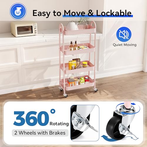 NEWBULIG 4-Shelf Rolling Utility Cart with Locking Wheels, Slim Metal Mobile Storage Organizer Shelf for Small Spaces, Bathroom, Living Room, Pink - color: Pink, size: 4-Tiers