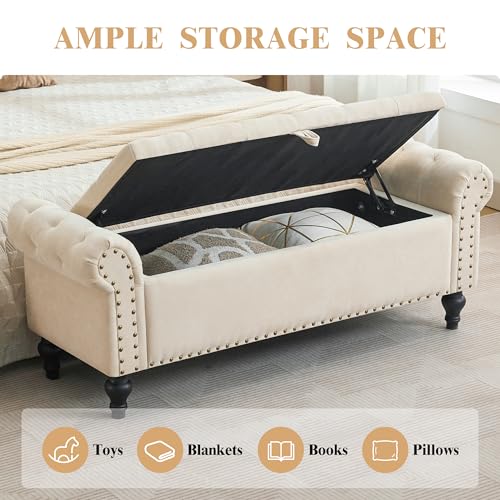 51" Storage Ottoman Bench, End of Bed Bench for Bedroom, Storage Ottomans for Foot of Bed, Chenille Upholstered Benches, Window Benches for Living Room, Entryway, Beige - color: Beige