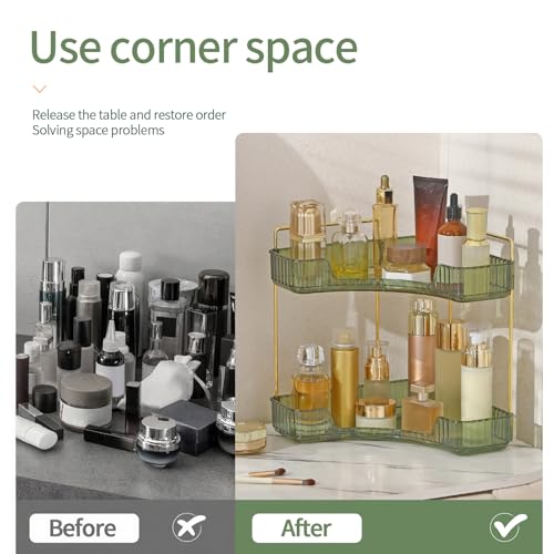 INVSSENE Corner Bathroom Countertop Organizer, Vanity Trays for Counter, Makeup Organizers, Perfume Tray, Kitchen Spice Rack, (Green, 2 Tiers) - color: Green, size: 13.6" x 10" x 15.1"