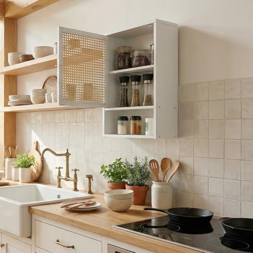 Takywep Bathroom Wall Cabinet, White Bamboo with Rattan Doors Adjustable Shelf Wall Mounted, Over Toilet Storage Organizer, Wooden Medicine Cabinet for Bathroom, Kitchen, Laundry, Living Room - color: White