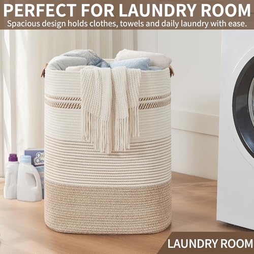AINUOQI Laundry Basket with Handles - Blanket Basket & Hampers for Bedroom Aesthetic, Laundry Hamper & Blanket Storage for Living Room, Clothes Hamper, Tall, Large 17" x 14" x 22”, Light Brown & White - color: Light Brown & White, size: 85L