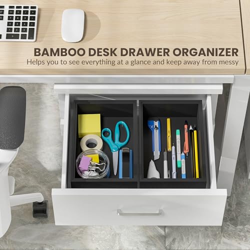 Kitchen Drawer Organizer Bins, Stackable Bamboo Drawer Organizer for Silverware, Flatware, Deep Office Desk Organizer Tray, Desktop Pen, Office Organization Black 9" x 6" x 2.5"(Set of 2) - color: Black, size: 9 x 6 x 2.5 Inch