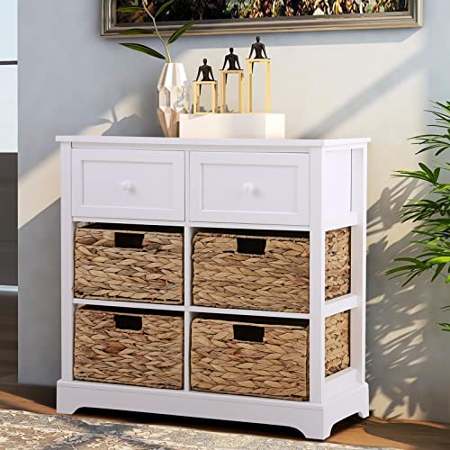 PHI VILLA Storage Cabinet with Baskets Rattan Cabinet with Drawers Farmhouse Accent Cabinet for Bedroom Entryway, 2 Drawer and 4 Baskets Accent Chest White - color: White, size: 4 Baskets