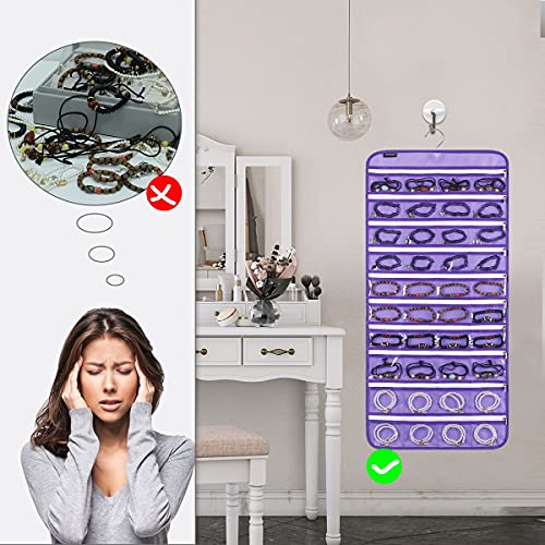 80 Zippered Pockets Hanging Jewelry Organizer for Holding Jewelries Dual-Sided Accessory Display Holder for Earrings Bracelets Rings (80 Zippered Pockets-Purple) - color: 80 Zippered Pockets-Purple