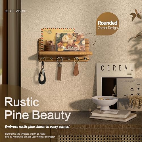 Rebee Vision Farmhouse Key Holder Wall Mount for Home Decor – Decorative 11-inch Pine Wooden Key Holder for Wall with 6 Hooks & Floating Shelf - Apartment Essentials for Tidy Space (Light Brown) - color: Light Brown, size: Medium-11inch